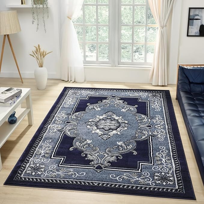 Modern 2x7 Navy Traditional Living Room Rug - Area Rugs for Living Room, Dining & Bedroom - Hand Carved Runner Carpet - Durable Polyester - Non-Fade, Stain-Resistant - Turkish Made