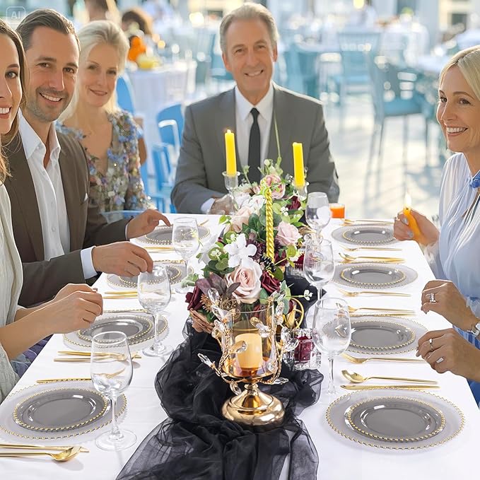 EI 60pcs Clear Black and Gold Plastic Plates Disposable Plates Heavy Duty,10.25" Dinner & 7.5" Dessert Clear Black Plate Perfect Wedding,Party,Birthday,Anniversary,Business Events