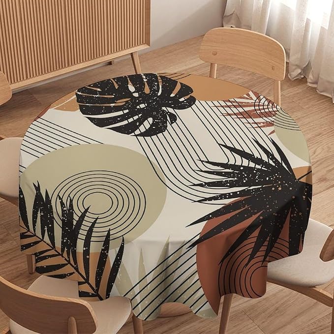 Boho Medieval Abstract Leaves Round Tablecloth, Mid Century Modern Bohemian Style Print Tablecloth for Home Party Dining Room Kitchen Decor 70Inch(178cm)