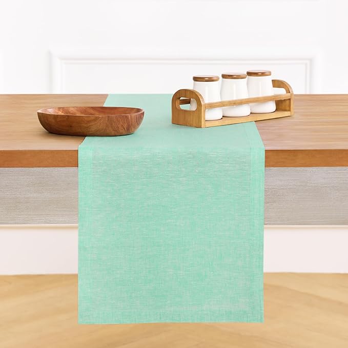 Solino Home Linen Table Runner 120 Inches Long - Athena, 100% Pure Linen Chambray Aqua Dining Table Runner 14 x 120 Inch for Winter, Spring, Easter