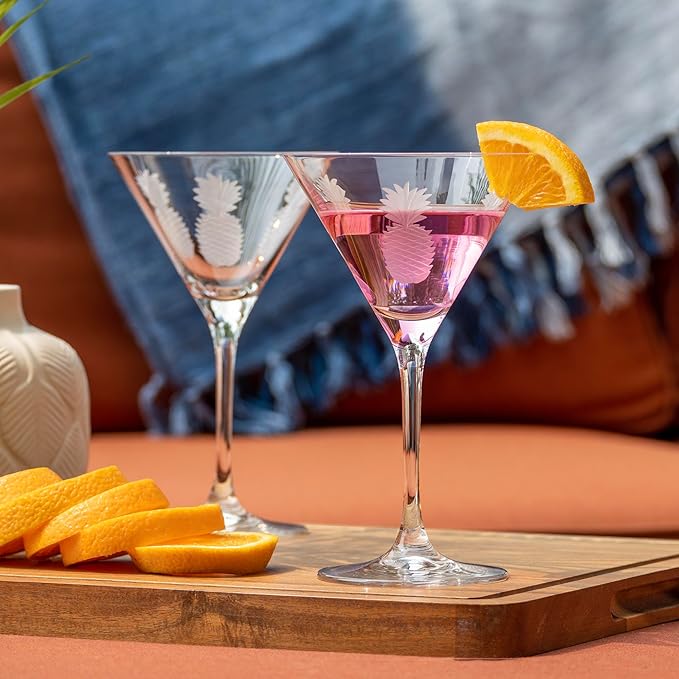 Rolf Glass Fresh Pineapple Martini Glass | Lead-Free Glasses | Proudly Made in the USA | Engraved Tropical Pineapple Martini Glasses | Set of 4