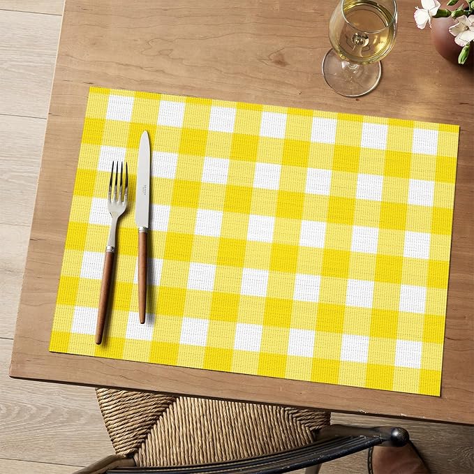 Artoid Mode Buffalo Plaid Vinyl Placemats Set of 4, 12x18 Inch Washable Non-Slip Heat Resistant Plastic Place Mats for Party Dining Table, Yellow/White