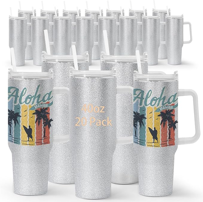 40oz Sublimation Tumblers with Handle Lid Straw 20 Pack Stainless Steel Insulated Tumblers Blanks Water Bottle Travel Cups for Party Home Driving Office