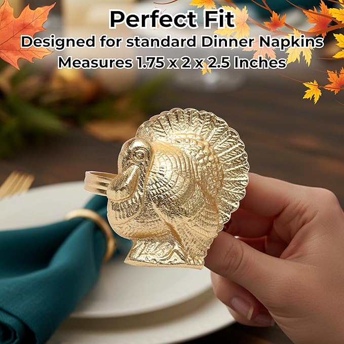 ALPHA Living HOME Turkey Bird Gold Napkin Rings Set of -12 for Dinner Parties, Weddings Receptions, Family Gatherings, or Everyday Use - Set Your Style with Daily Use Table Décor Accessories