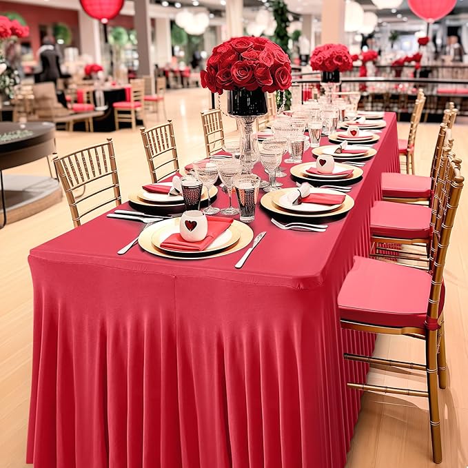 Wish Care 2 Pack Red Spandex Table Clothes for 8 Foot Rectangle Tables, 8FT Wrinkle Free Fitted Tablecloths Ruffles Design Stretch Table Cover for Party, Banquet, Wedding and Events