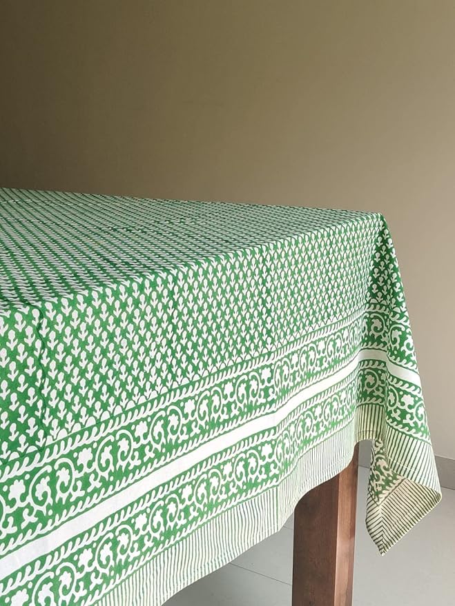 ATOSII Queen Green 100% Cotton Tablecloth, Handblock Print Rectangle Table Cover for Kitchen Dining I Tabletop Linen I Parties, Thanksgiving, Christmas, Wedding, Fall Table Cloth 60 X 108 Inches