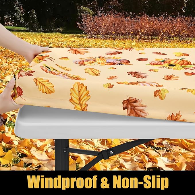 Smiry Rectangle Thanksgiving Table Cloth, Waterproof Elastic Fitted Tablecloths for 8 Foot Tables, Washable Polyester Table Cover for Autumn Harvest Parties (Pumpkin Sunflower, 30"x96")