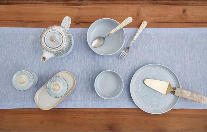 Solino Home Linen Table Runner 60 Inches - 100% Pure Linen Chambray Blue Table Runner 14 x 60 Inch Ideal for Dresser and Coffee Tables - Athena - Winter, Spring, Easter