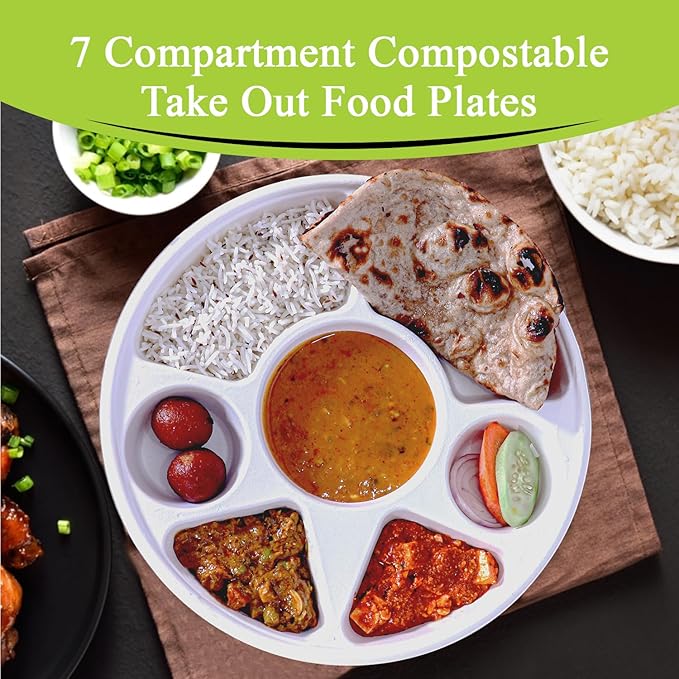 three leaf 7 COMPARTMENT BAGASSE ROUND PLATE, 200 Ct. Heavy-Duty- Super Strong- Natural- Eco-Friendly Disposable Bagasse Plates, 100% Biodegradable 7 compartment plates