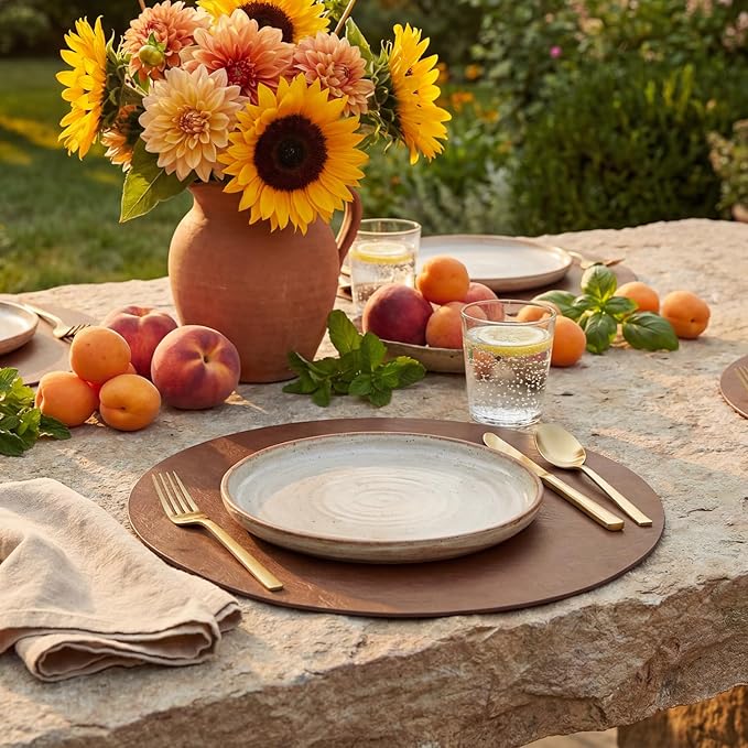Artoid Mode Brown Faux Leather Placemats Set of 4, 15 Inch Waterproof Wipeable Heat Resistant Vinyl Place Mats, Reversible Table Mats for Kitchen Dining Decor