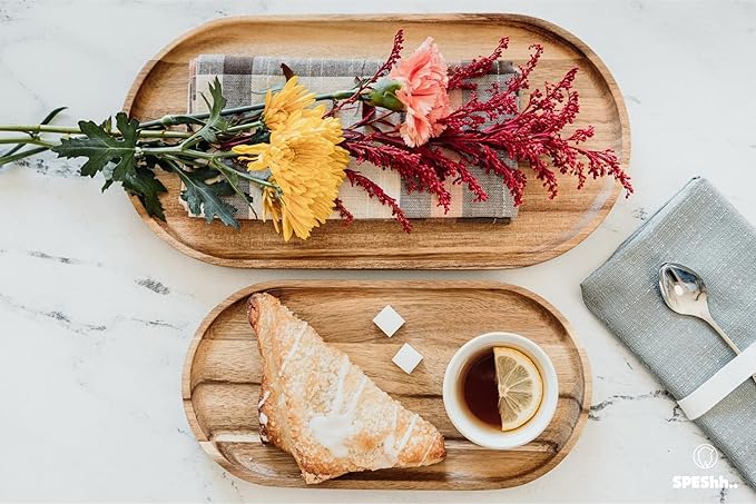 Acacia Wooden Serving Trays Set of 2 - Rectangular Oval Shaped Wood Plates for Charcuterie Cheese Bread Fruit Vegetable Dip Sushi - Rustic Serving Platter Shallow Dishes -14x7 & 11x5.5 In.