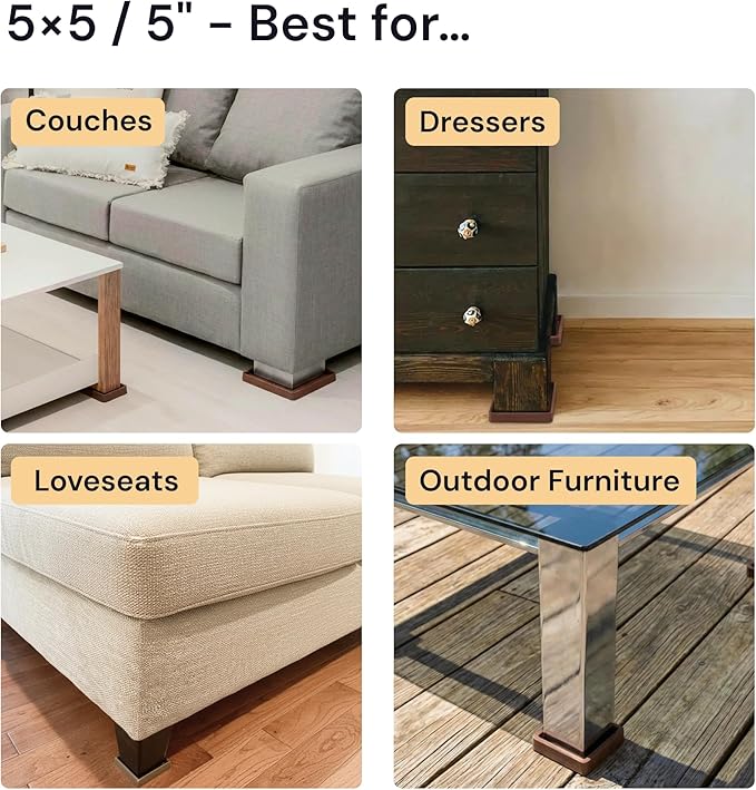 CasterMaster Square Rubber Furniture Pads - 4-Pack, Brown, 5in x 5in - Non Slip Furniture Pads for Hardwood Floors - Floor Protectors for Chairs & Rubber Feet - Stoppers to Prevent Sliding