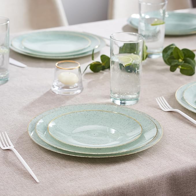 PLASTICPRO 30 Pack Disposable Plastic Plates Heavyweight Granite Look Elegant 9 inch Dinner Plates Green with Gold Rim
