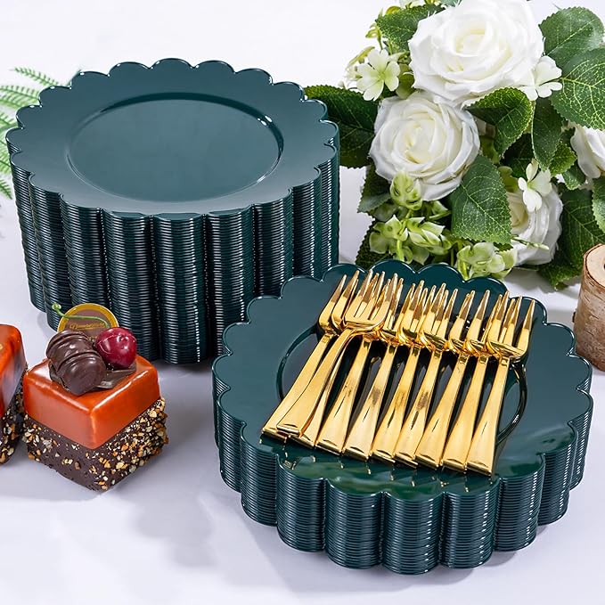 LIYH 200 Pcs Dark Green Dessert Plates - Disposable Cake Plates with Gold Forks, Gold Dessert Forks 5", Plastic Cake Plate 7.5" for Holiday Party