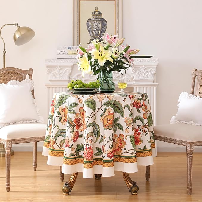 patdrea Designer Vintage Linen Round Tablecloth,Provencal Rustic Floral Pattern Tablecloths,Decorative Table Cover Cloth for Kitchen,Dining Room,Tea Party,Home,Christmas,Diameter 55"