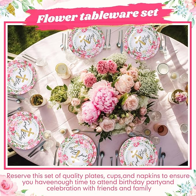 Pickmesh 250 Pcs Pink Baptism Cross Disposable Tableware Set First Holy Communion Baptism Disposable Paper Plates Napkins and Cups for Christening Celebration Baby Shower Religious Supplies