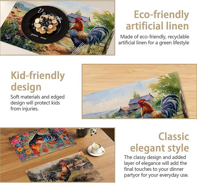 Rooster Placemats Set of 6 Rustic Chicken Sunflowers Wooden Fence Farmhouse Place Mats Washable Kitchen Dining Linen Table Mats, for Home Party Indoor 12x18 in