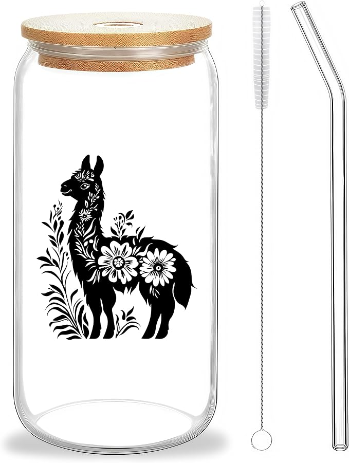 Cute Llama Glass Cup With Lids And Straws, Llama Gift For Women, Iced, Coffee, Smoothie, Cocktail, Beer, Whiskey, Soda, Matcha,16 Oz, Home Office Table Desk Decoration!