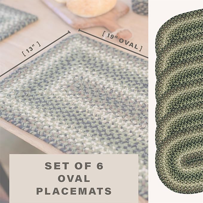 Homespice Pinecone Jute Braided Oval Placemats, Warm Country Rustic Decor, Set of 6, 13x19 Green Table Mats - Vibrant Colors, Durable, Easy to Clean and Protects Furniture