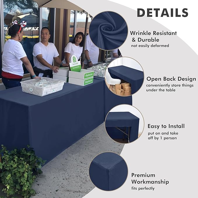 Nasitos 2 Pack Navy 6ft Table Cloth Fitted-Open Back Folding Table Cover Washable Fabric and Wrinkle Resistant Table Cloth for Trade Show, Book Fair, Career Fair, Convention, Events