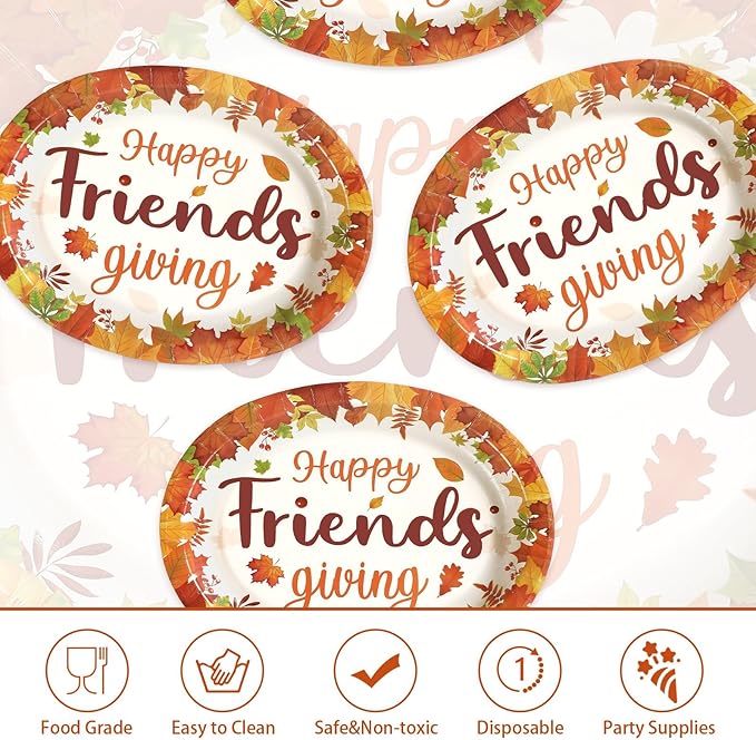 50Pcs Fall Oval Paper Plates 10" x 12" Large Disposable Heavy Duty Friendsgiving Maple Leaf Paper Platters Autumn Give Thanks Dessert Plates for Friendsgiving Thanksgiving Harvest Party Supplies