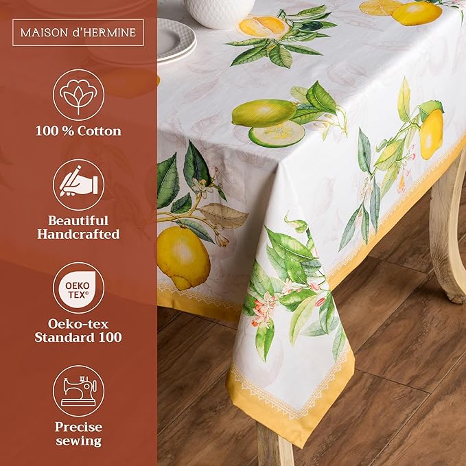 Maison d' Hermine Table Cloth Square Table 100% Cotton 54 x 54 Inches Tablecloth Reusable Decorative for Dining Room Farmhouse Home Valentines Day Decorations Spring Summer - Limoncello