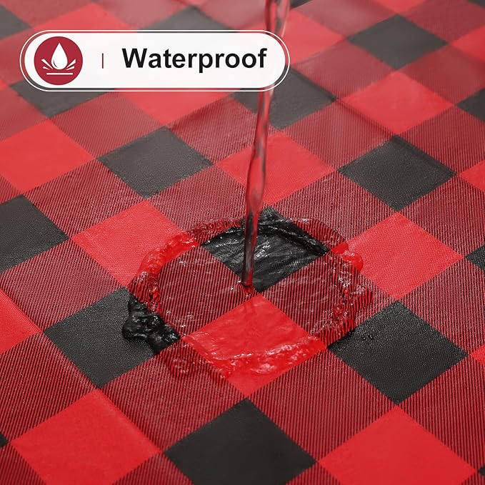 misaya Round Waterproof Vinyl Table Cloth, Buffalo Flannel Backed Tablecloth, Wipeable Plastic Table Cover for Christmas (60", Red and Black)