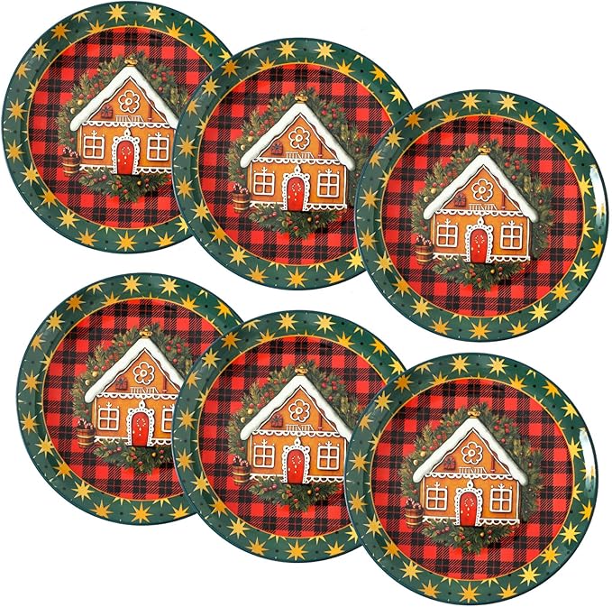 HASENSE Christmas Dinner Plates, 10.5 Inch Ceramic Plates Set of 6, Dinnerware Dish for Kitchen for Steak, Pasta, Pizza, Serving Plate Microwave, Oven and Dishwasher Safe, Holiday Dining Collection