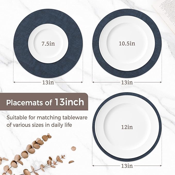 13" Round Placemats Set of 6, Reversible Faux Leather Heat Resistant Table Mats, 100% Waterproof Oilproof Wipeable Table Protective Placemats for Vinyl, Washable for Indoor (6, Navy Blue)