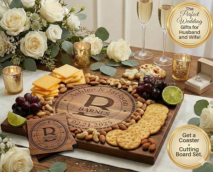 Wedding Gifts or Gifts for Anniversary Couples Custom Cutting Board – Personalized Wedding Gift with Names & Date – Handmade in USA, (Wood Coasters, Display Stand & Gift Wrap options)