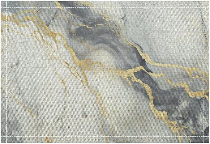 Marble Linen Place Mats Set of 4, 12x17 Inch Modern Abstract Foil Texture White Grey Gold Marble Washable Fabric Non-Slip Placemats for Home Dining Table Banquets Party Kitchen Decoration