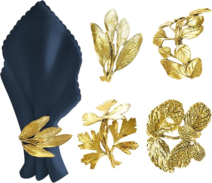 Decozen Set of 8 Gold Napkin Rings in Leaf Design, Festive, Table Decor Setting for Holiday, Wedding, Birthday, Kitchen, Home Decor, Housewarming Gift - Mothers Day Decorations