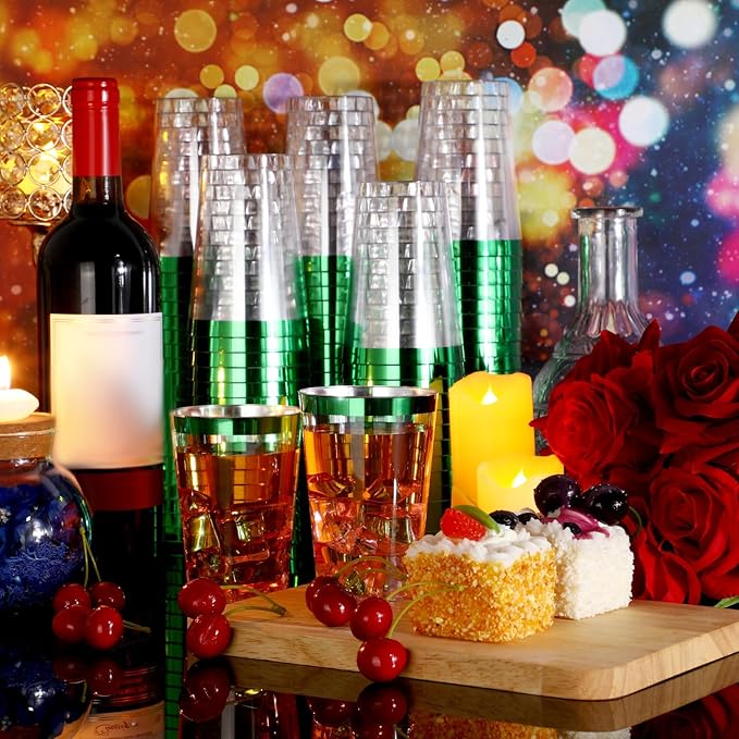 Patelai 100 Pcs Green Plastic Cups 12 oz Green Rimmed Plastic Cups Heavy Duty Disposable Wine Glasses Clear Cocktail Glasses Drinking Tumblers for Party Wedding Christmas Birthday