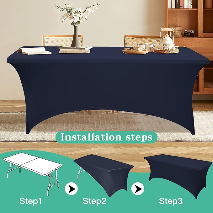 2Pack 8FT Table Cloth for Rectangular Fitted Events Stretch Navy Blue Table Covers Washable Spandex Tablecloth Protector for Party, Wedding, Cocktail, Banquet, Festival