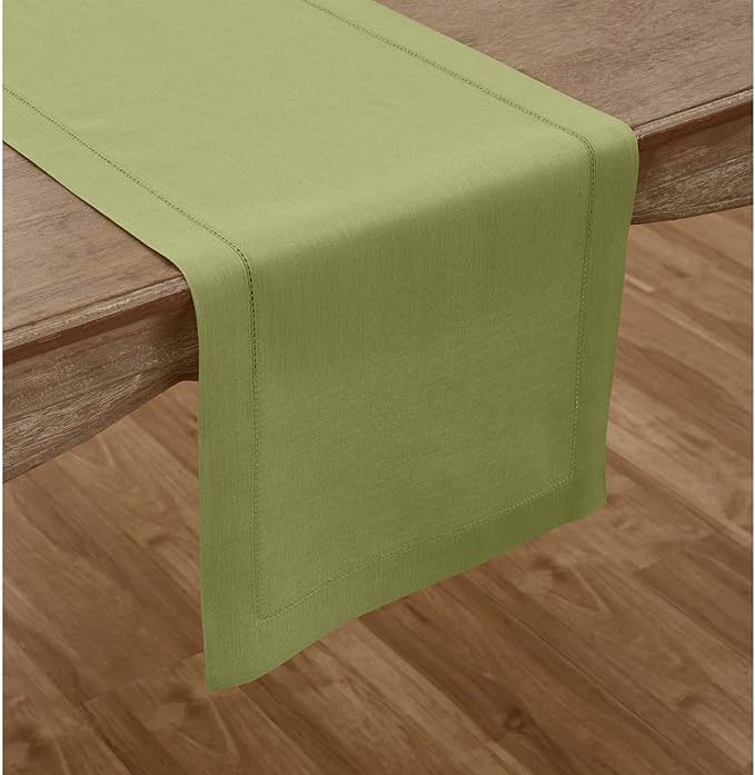 Solino Home Linen Moss Green Table Runner 60 Inches - 100% Pure Linen Small Table Runner 14 x 60 Inch for Dresser and Coffee Tables - Classic Hemstitch - Winter, Spring, Easter, St Patricks Day