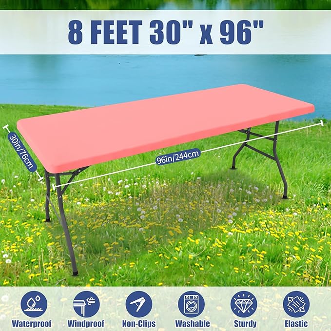 Spandex 8 Foot Rectangle Table Cloth 2 Pack, Elastic Fitted Tablecloths for Picnic, Stretch Washable Patio Table Cover for Outdoor, Camping, Banquet and Parties(Coral Red, 30"x96")