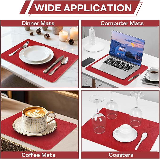 Faux Leather Placemats Set of 6, Washable Place Mats, Wipeable Waterproof Oil-Proof Heat Resistant Table Mats, Non-Slip Vinyl Placemats Rectangular Place Mat for Table Indoor Outdoor (Red)