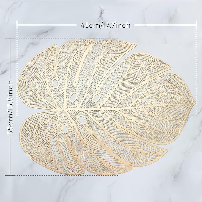 Evevda Gold Leaf Shaped Vinyl Placemats for Dinner Table Set of 8 Metallic Plastic Gold Place Mats Wipeable 8Pcs Table Mats for Wedding Annersary Dinner Table Decoration Mats