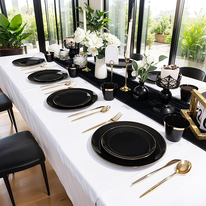 MirthMood 210Pcs Black and Gold Disposable Plates,Black Plates, Black and Gold Plates Include 30 Dinner,Dessert Plate,30 Cup&30 Napkins, 90 Gold Silverware for Wedding & Party & Birthday & New Year