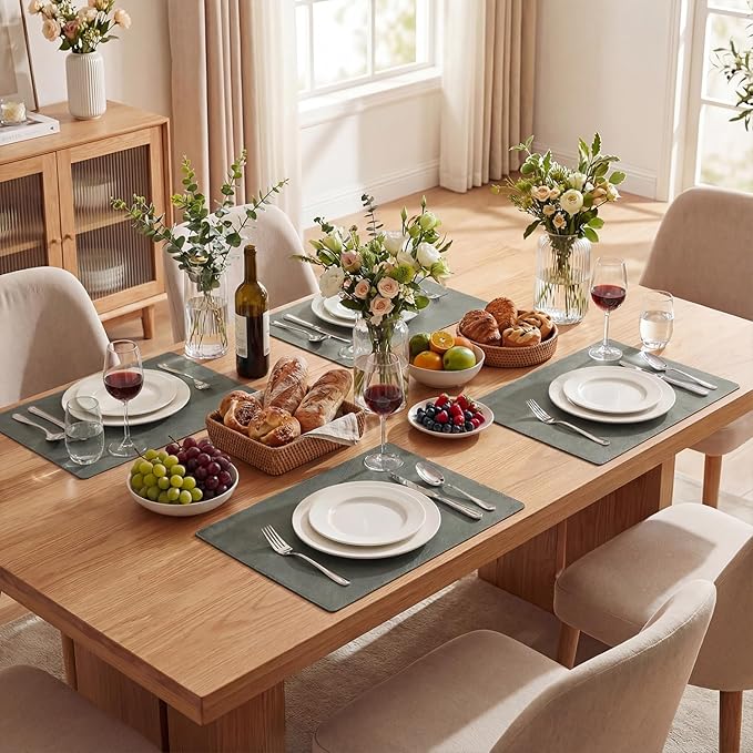 Artoid Mode Grey Faux Leather Placemats Set of 4, 12x18 Inch Waterproof Wipeable Heat Resistant Vinyl Place Mats, Reversible Table Mats for Winter Kitchen Dining Decor