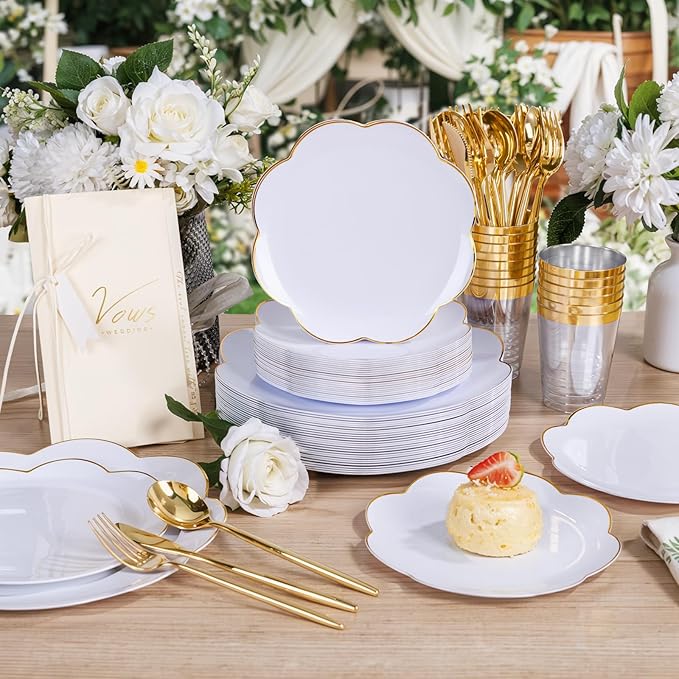 EI 180pcs White Plastic Plates with Gold Plastic Silverware,Heavy-Duty Disposable Plates for Party,White Dinnerware Set for 30 Guest Wedding,Birthday,Spring Afternoon Tea