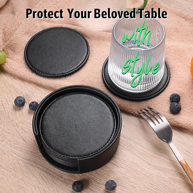 Drink Coasters with Holder, 4" Leather Coasters for Drinks Set of 6 for Tabletop Protection, Elegant Home Decor & Handmade Housewarming Gift - Black