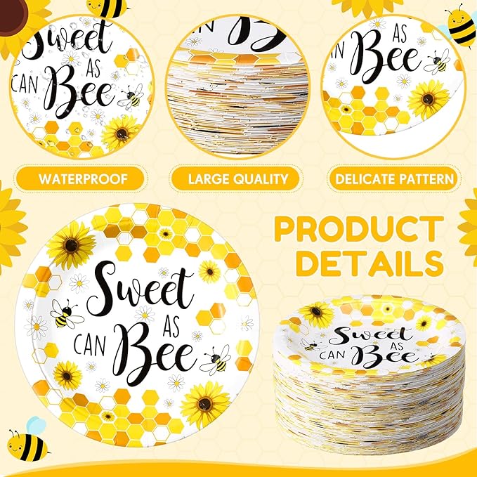 60 Pcs 7 Inch Honey Bee Paper Plates Bee Happy Shower Tableware Gender Reveal Party Dinnerware Honey Theme Day Birthday Party Tableware Decorations Favors