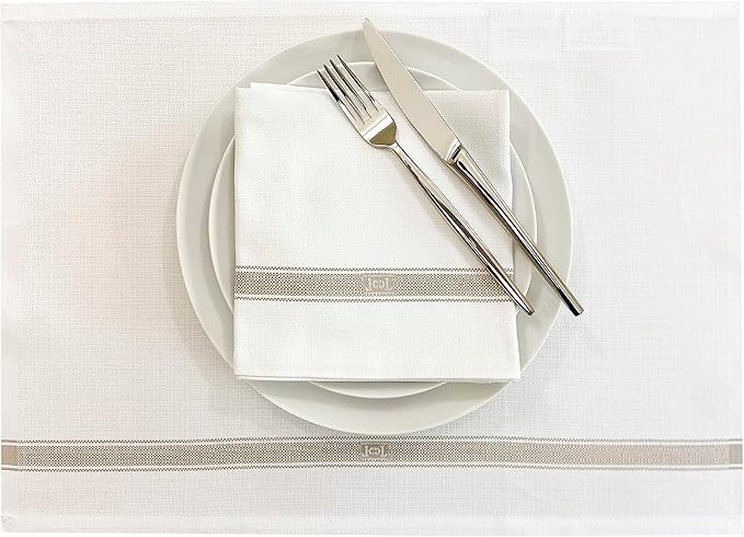 Premium Cloth Striped Placemats Set of 4 – 100% Soft Durable Jacquard Woven Cotton Table Placemats with Stain-Release Fabric – Machine Washable for Dining Table – Taupe, 20"x14"