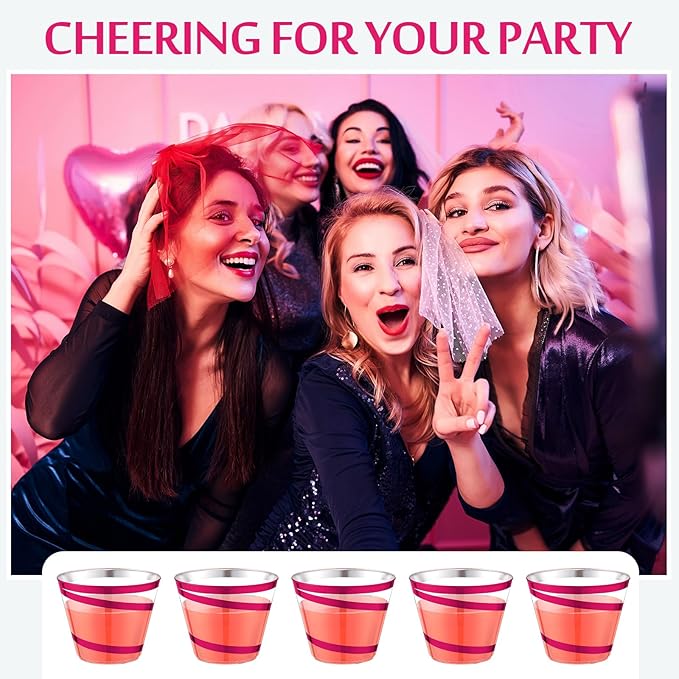 Gejoy 9 oz Rimmed Swirl Plastic Cups Disposable Wine Drinking Cups Clear Elegant Halloween Tumblers for Christmas Party Supplies(Hot Pink,100 Pcs)