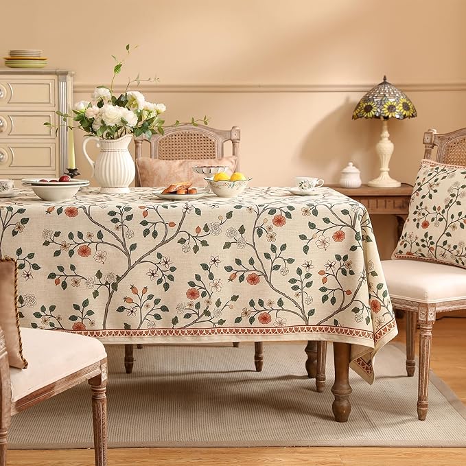 ISAENNE Designer Floral Long Rectangular Tablecloth,French Linen Light Beige Indoor Table Cloth,Fall Wrinkle Resistant Decor Tablecloths for Dining Thanksgiving Kitchen Party,63"*94"-Flora A