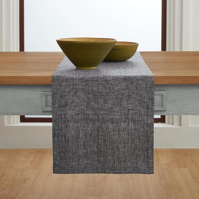 Solino Home Linen Short Table Runner 60 Inches - Athena, 100% Pure Linen Chambray Black Table Runner 14 x 60 Inch Ideal for Dresser and Coffee Tables - Winter