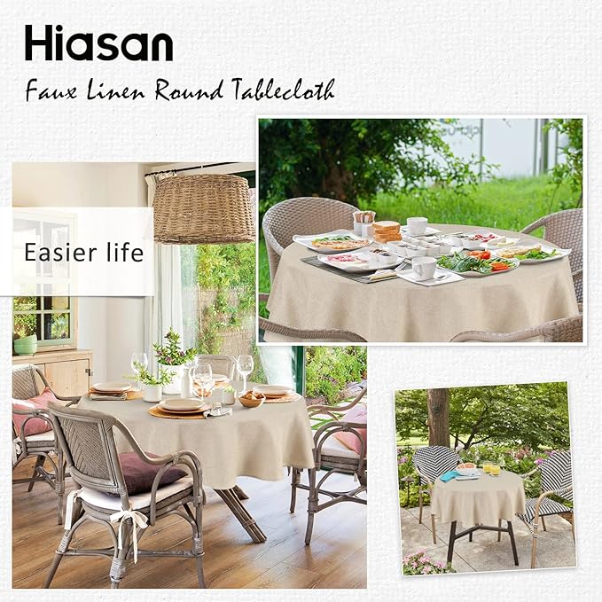 Hiasan Round Linen Tablecloth 40 Inch - Wrinkle and Stain Resistant Washable Polyester Fabric Table Cloth for Dining Room Kitchen Party, Beige