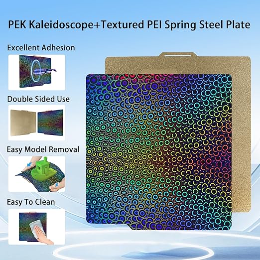IdeaFormer Smooth Kaleidoscope PEK+Textured PEI Spring Steel Sheet 257x257mm,Flexible PEK+PEI Without Magnetic Build Plate for Bambu Lab X1/X1C/X1E/P1P/P1S/A1 3D Printers.