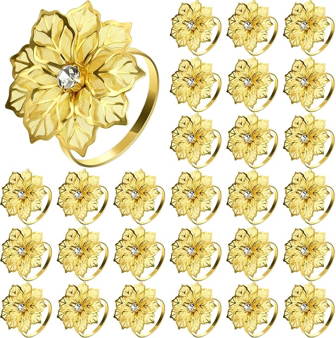 Hotop 70 Pcs Gold Napkin Rings Flower Napkin Holders Buckles Hollow Out Rhinestone Christmas Delicate Serviette Buckles for Thanksgiving Party Gathering Dinner Wedding Banquet Holiday Table Decor
